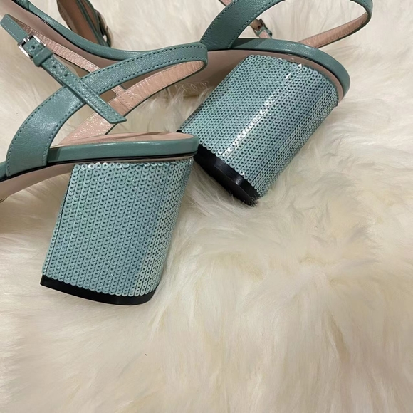 Gucci Green Sequin Gg Marmont Mid Heeled Sandals - Picture 11 of 13